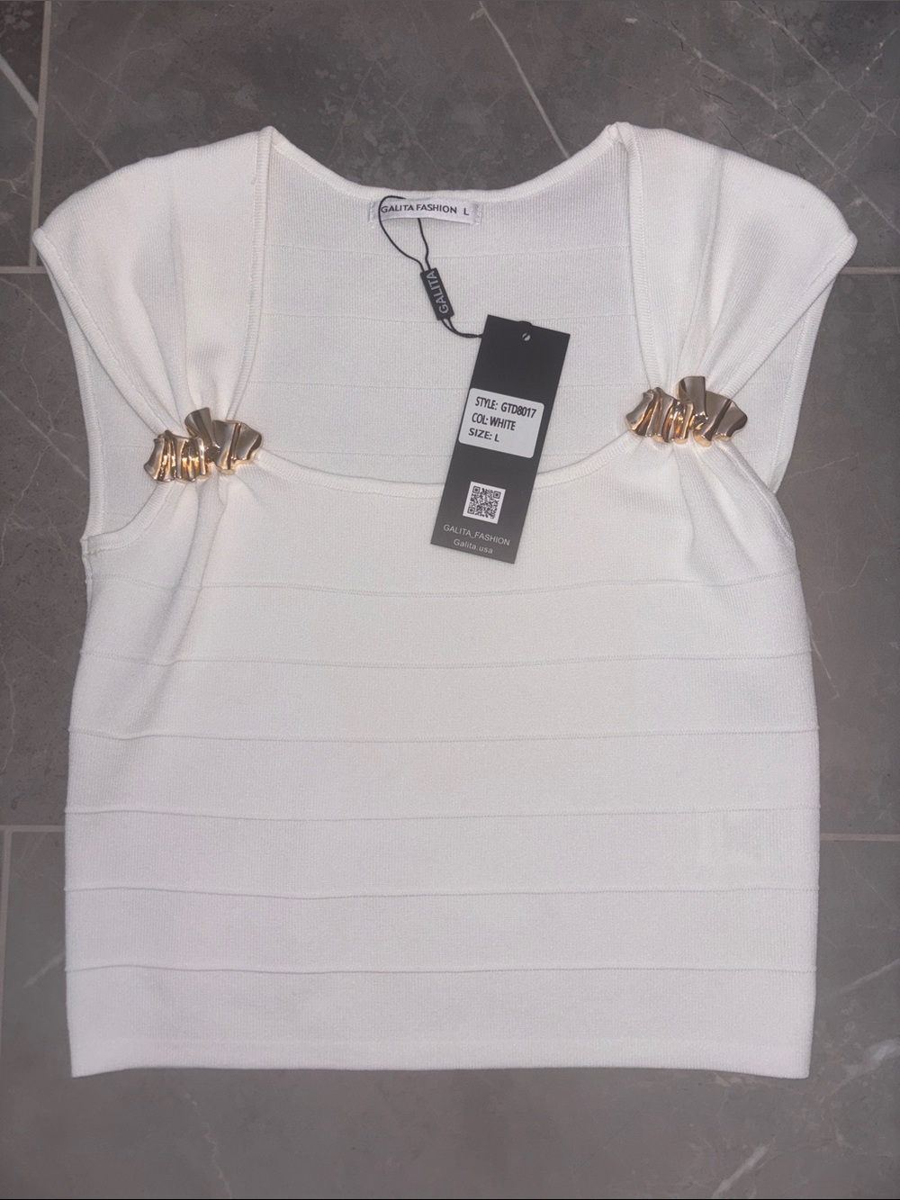 NWT White Cap-Sleeve Knit Top with Gold Accent